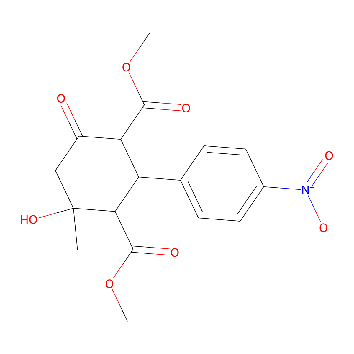 Dimethyl 4-hydroxy-4-methyl-2-(4-nitrophenyl)-6-oxocyclohexane-1,3-dicarboxylate molecular structure, CAS 142695-86-1