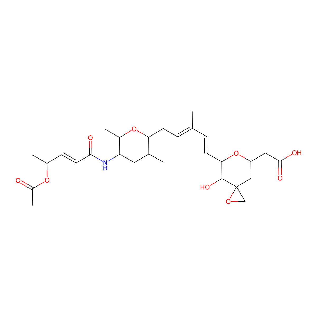 2-[5-[(1E,3E)-5-[5-[[(E)-4-acetoxypent-2-enoyl]amino]-3,6-dimethyl-tetrahydropyran-2-yl]-3-methyl-penta-1,3-dienyl]-4-hydroxy-1,6-dioxaspiro[2.5]octan-7-yl]acetic acid molecular structure, CAS 1426953-21-0
