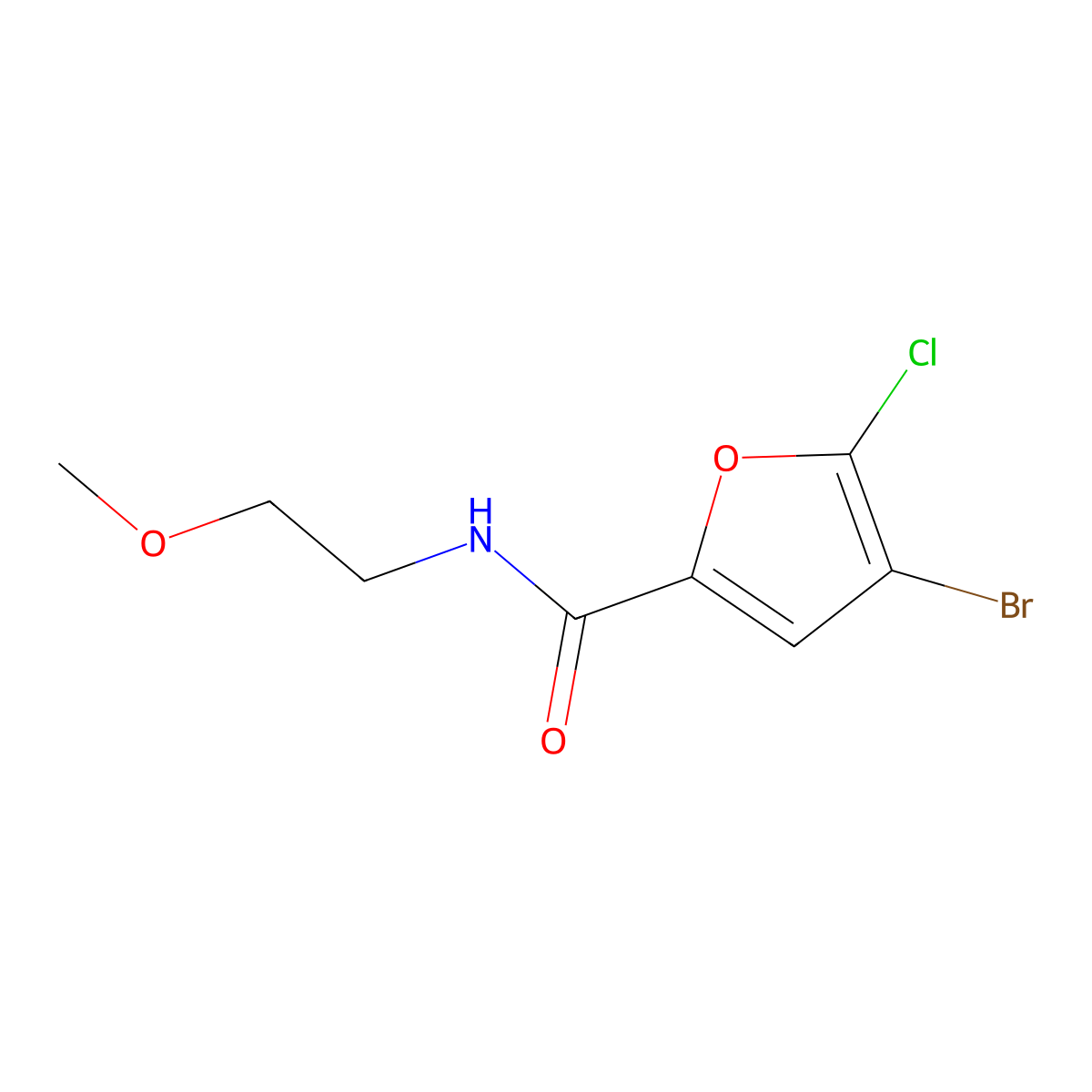 4-Bromo-5-chloro-N-(2-methoxyethyl)furan-2-carboxamide molecular structure, CAS 1427013-74-8