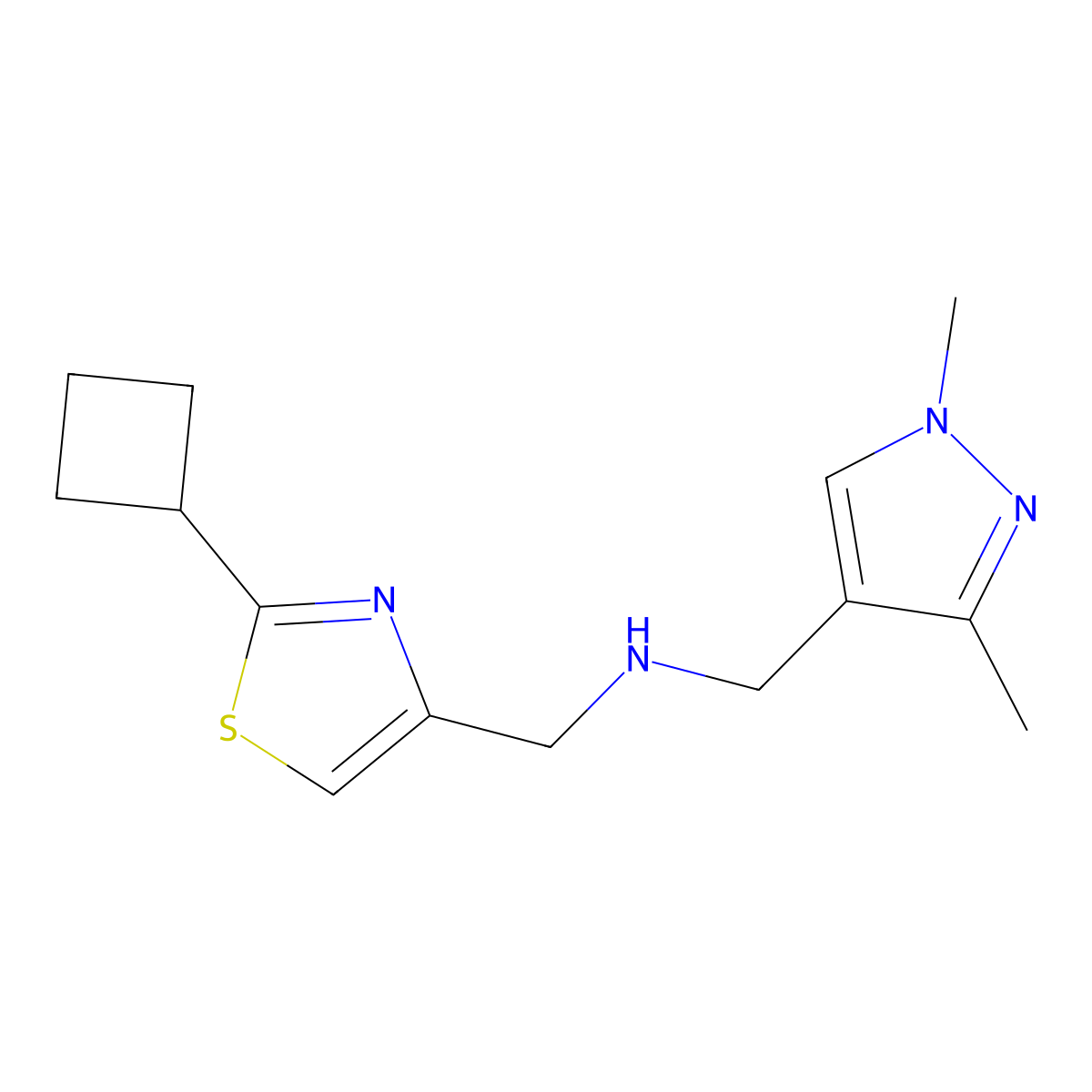 1-(2-Cyclobutylthiazol-4-yl)-N-((1,3-dimethyl-1H-pyrazol-4-yl)methyl)methanamine molecular structure, CAS 1427014-20-7
