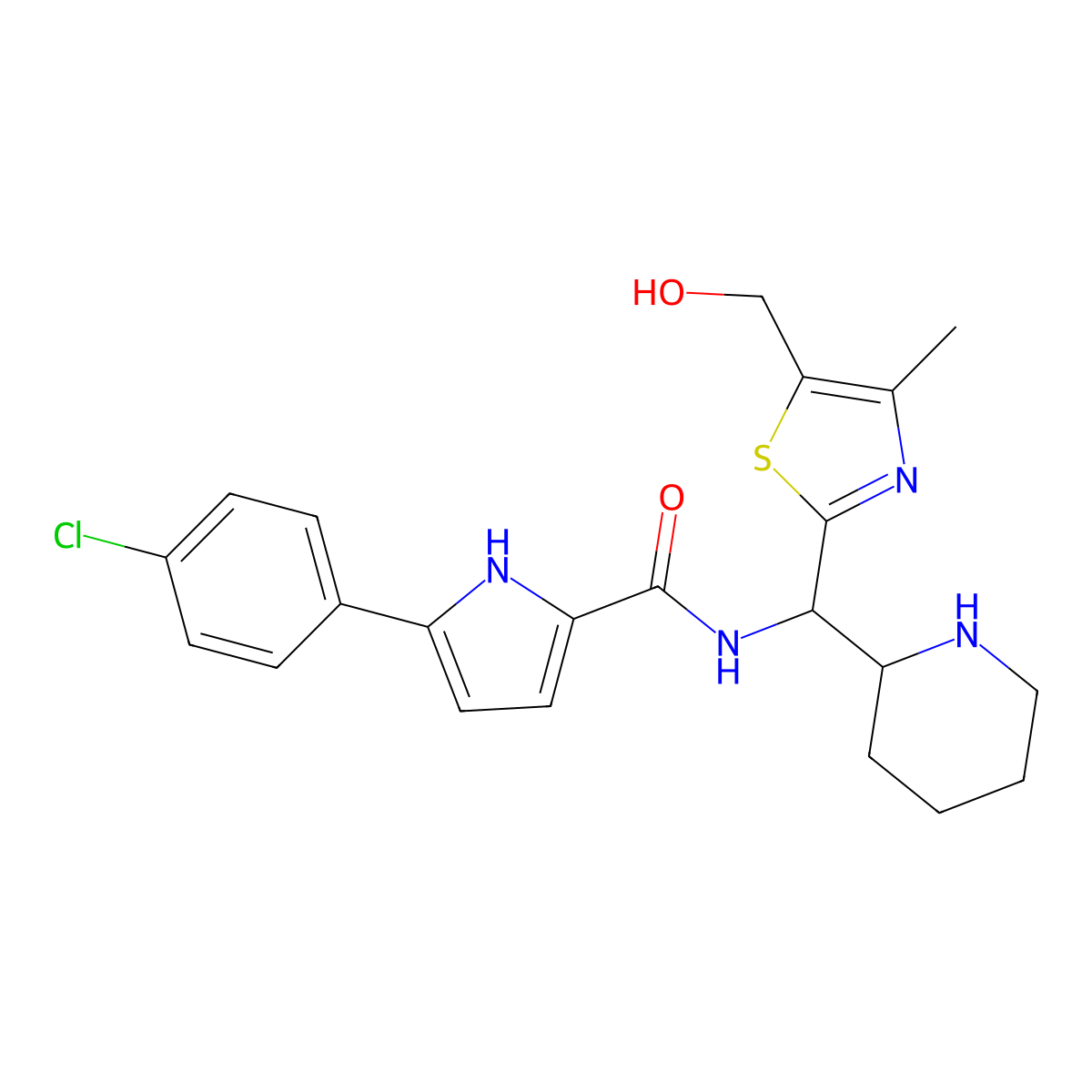 5-(4-chlorophenyl)-N-((5-(hydroxymethyl)-4-methylthiazol-2-yl)(piperidin-2-yl)methyl)-1H-pyrrole-2-carboxamide molecular structure, CAS 1427304-84-4