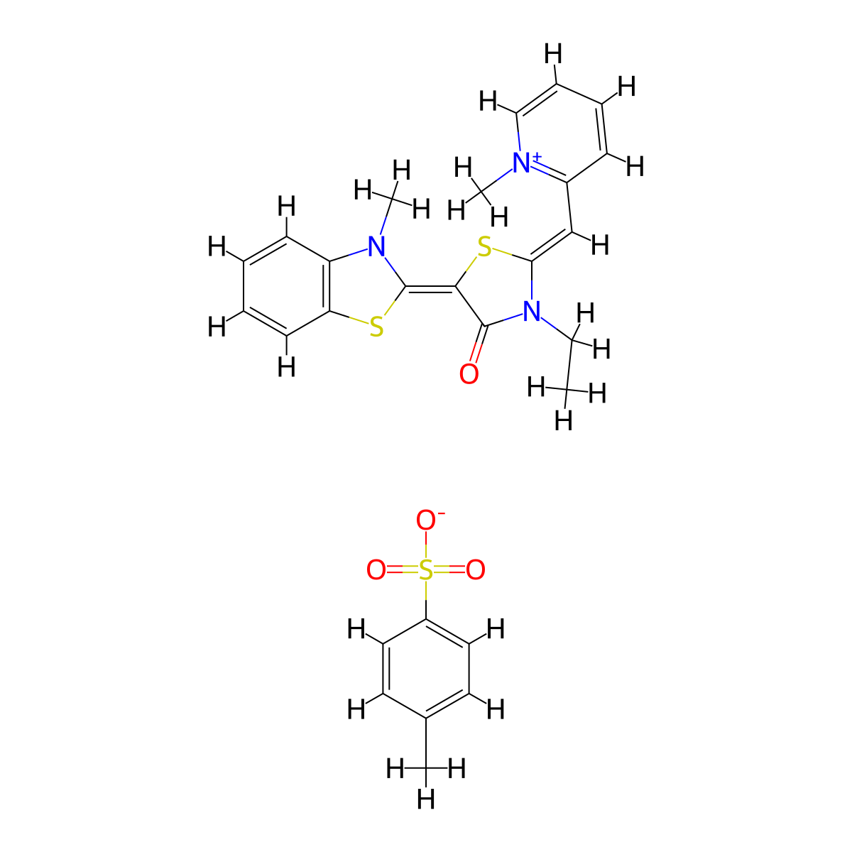 2-((Z)-((E)-3-ethyl-5-(3-Methylbenzo[d]thiazol-2(3H)-ylidene)-4-oxothiazolidin-2-ylidene)Methyl)-1-Methylpyridin-1-iuM 4-Methylbenzenesulfonate molecular structure, CAS 1427450-47-2