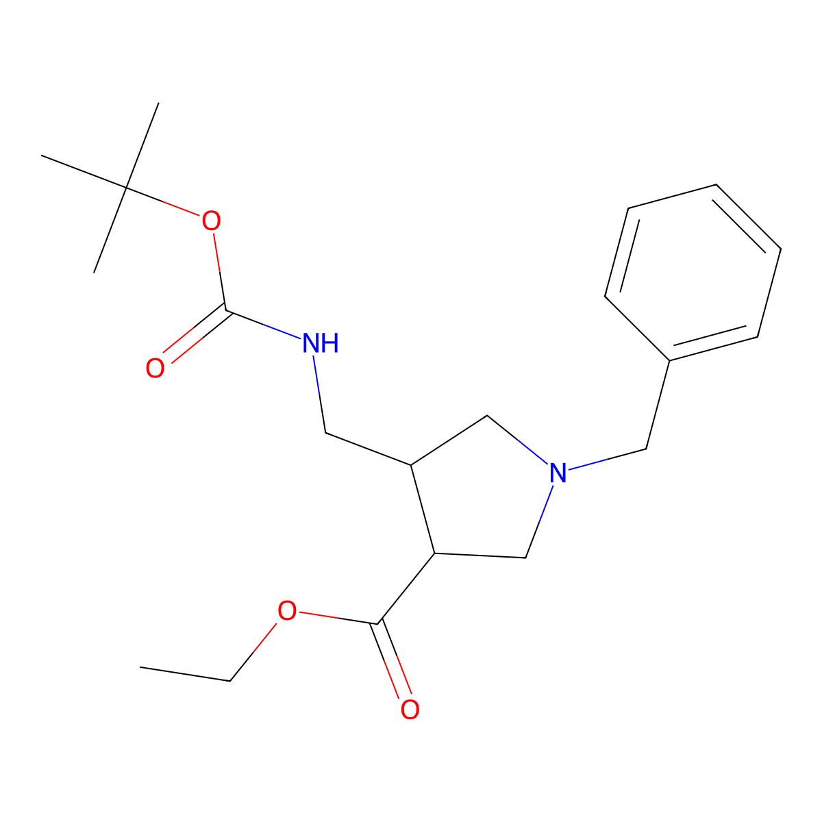 Ethyl 1-benzyl-4-(((tert-butoxycarbonyl)amino)methyl)pyrrolidine-3-carboxylate molecular structure, CAS 1427454-60-1