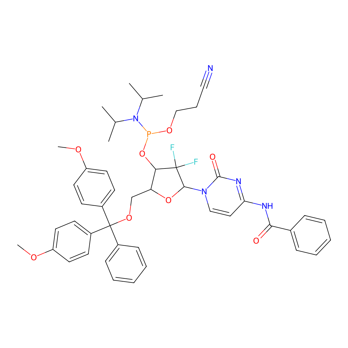 N4-Benzoyl-2'-deoxy-5'-O-DMT-2',2'-difluorocytidine 3'-CE phosphoramidite molecular structure, CAS 142808-44-4