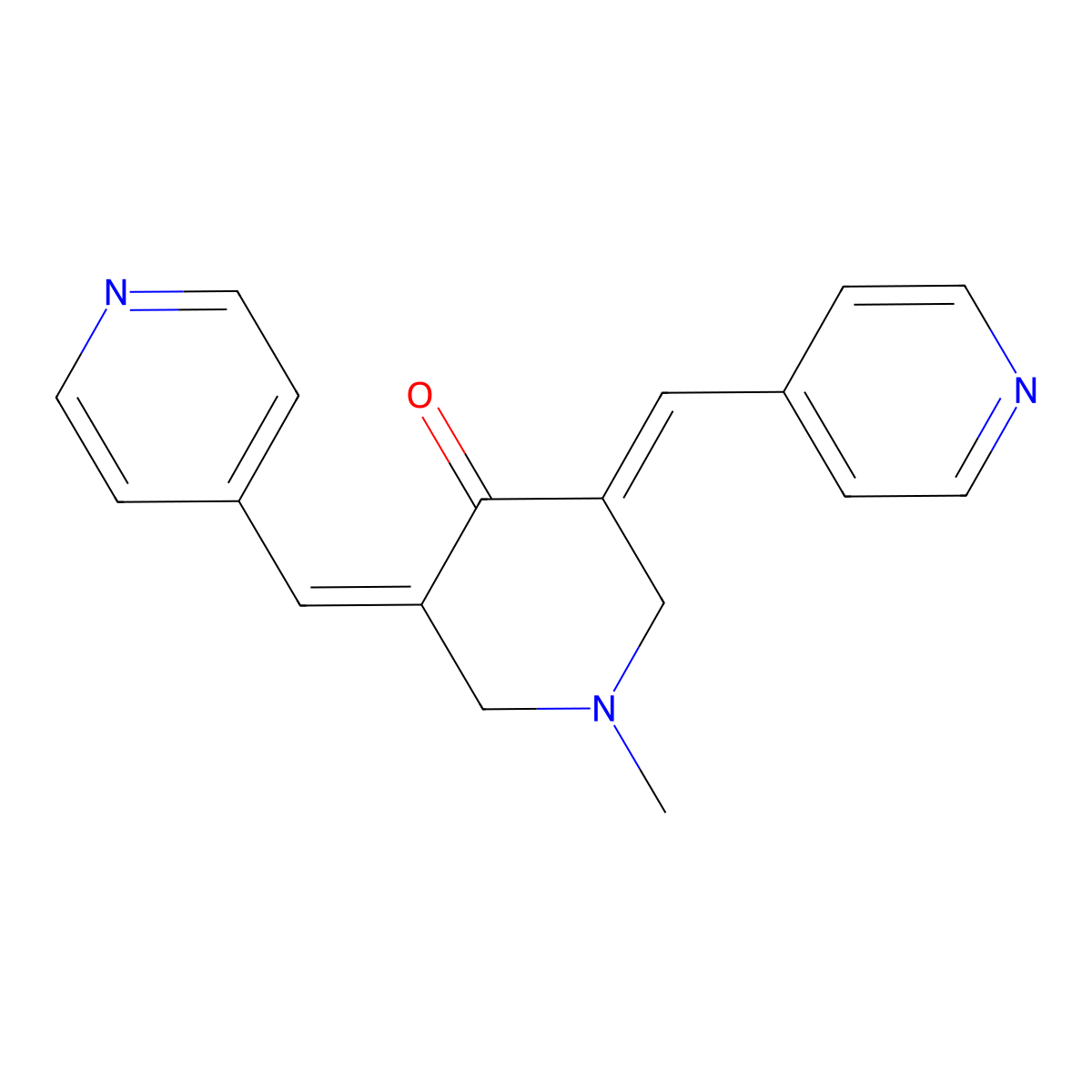 4-Piperidinone, 1-methyl-3,5-bis(4-pyridinylmethylene)- molecular structure, CAS 142808-60-4