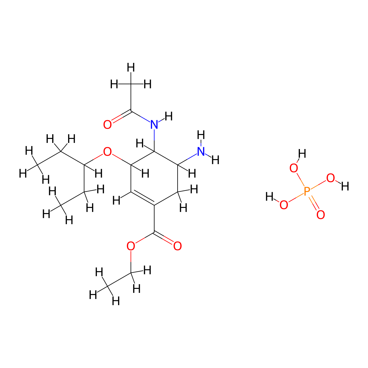 Ethyl 5-amino-4-acetamido-3-(pentan-3-yloxy)cyclohex-1-ene-1-carboxylate; phosphoric acid molecular structure, CAS 1428126-71-9