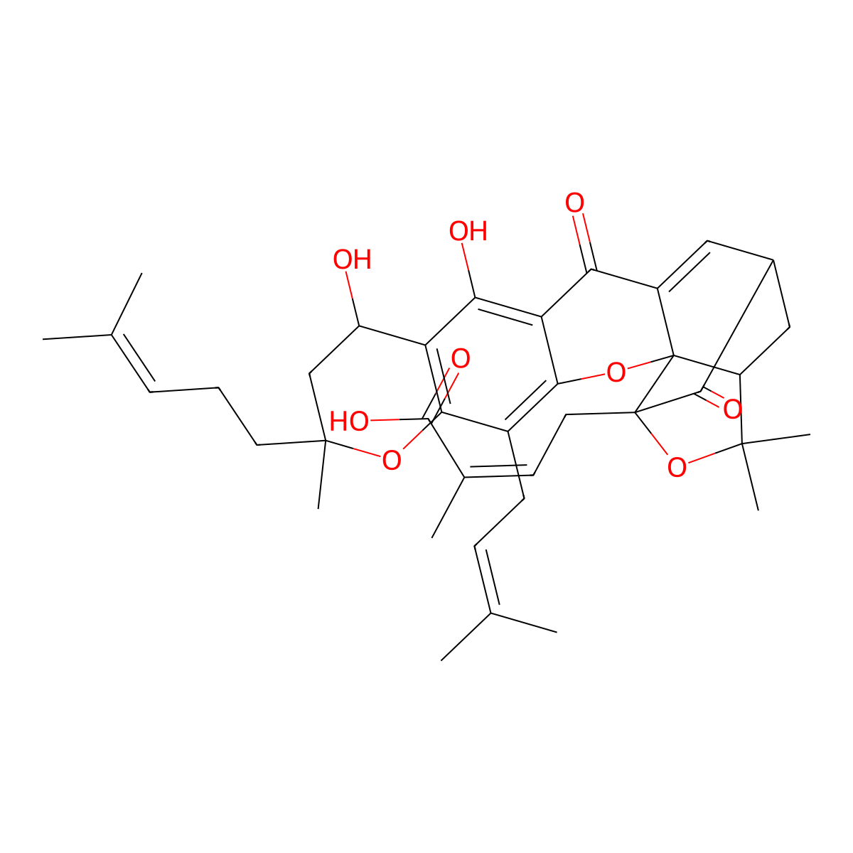 4-(8,9-Dihydroxy-2,2,11-trimethyl-13-(3-methylbut-2-en-1-yl)-11-(4-methylpent-3-en-1-yl)-4,7-dioxo-1,2,5,7,10,11-hexahydro-9H-1,5-methanofuro[3,2-g]pyrano[3,2-b]xanthen-3a(4H)-yl)-2-methylbut-2-enoic acid molecular structure, CAS 1428127-36-9