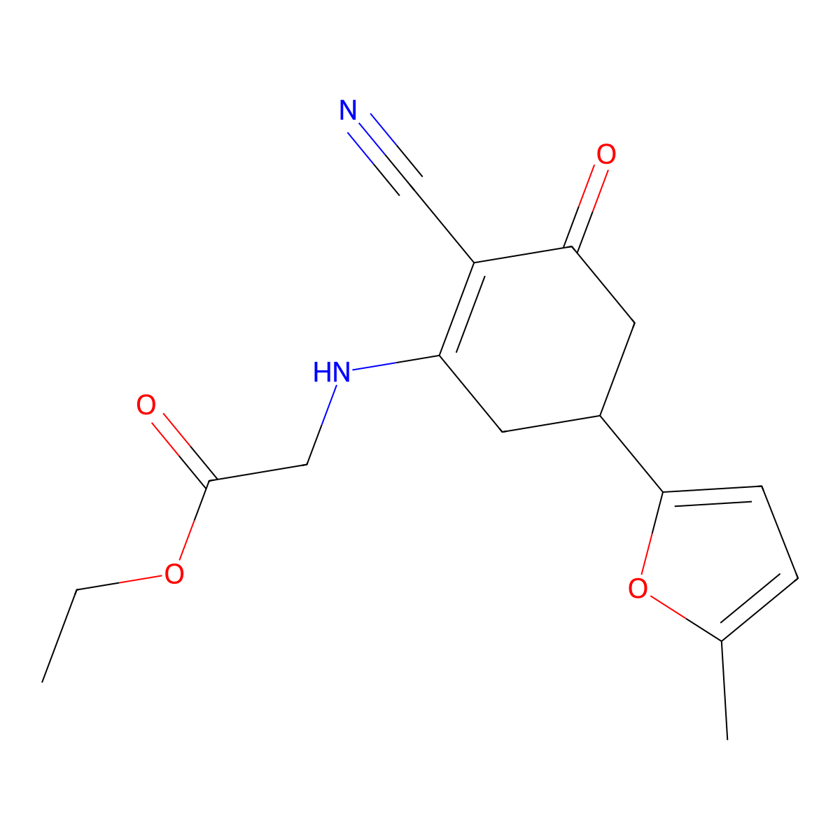 ethyl N-[2-cyano-5-(5-methyl-2-furyl)-3-oxocyclohex-1-en-1-yl]glycinate molecular structure, CAS 1428139-05-2