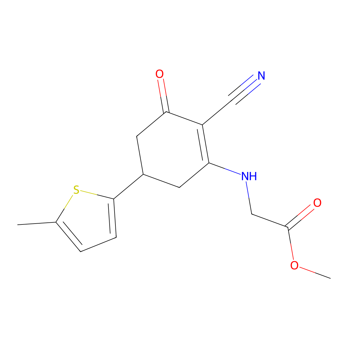 methyl N-[2-cyano-5-(5-methyl-2-thienyl)-3-oxocyclohex-1-en-1-yl]glycinate molecular structure, CAS 1428139-07-4