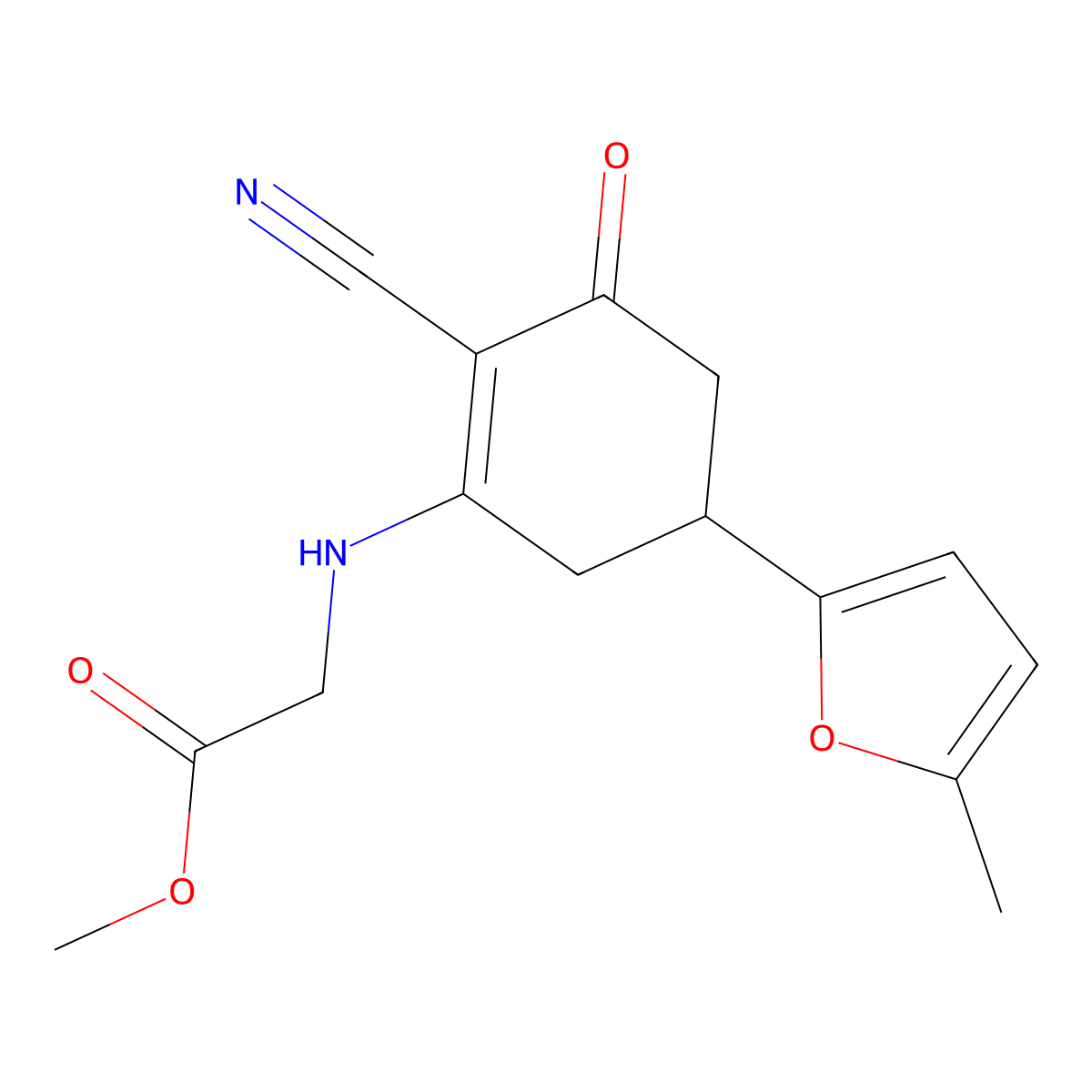 methyl N-[2-cyano-5-(5-methyl-2-furyl)-3-oxocyclohex-1-en-1-yl]glycinate molecular structure, CAS 1428139-29-0
