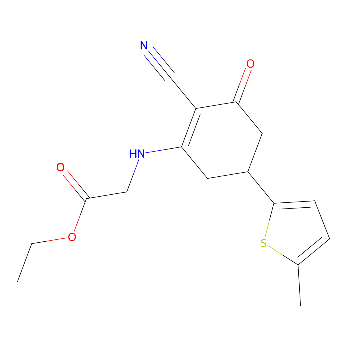 ethyl N-[2-cyano-5-(5-methyl-2-thienyl)-3-oxocyclohex-1-en-1-yl]glycinate molecular structure, CAS 1428139-73-4