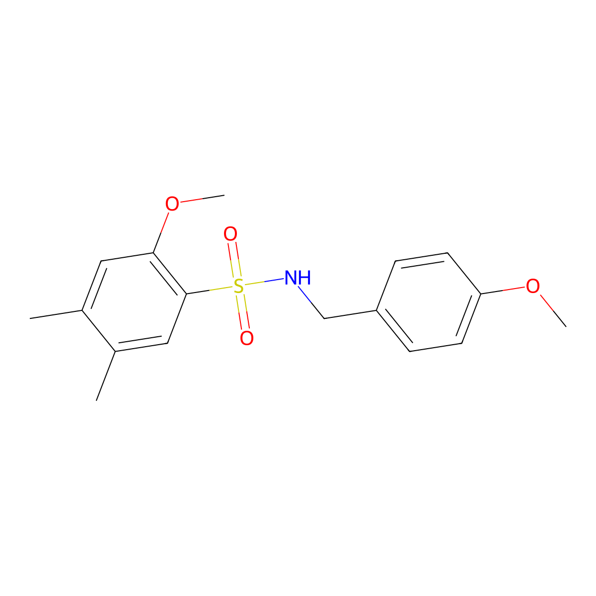 2-methoxy-N-[(4-methoxyphenyl)methyl]-4,5-dimethylbenzene-1-sulfonamide molecular structure, CAS 1428150-41-7