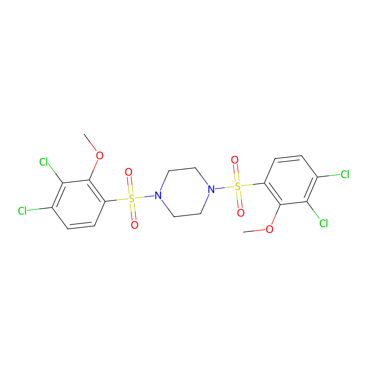 1,4-Bis(3,4-dichloro-2-methoxybenzenesulfonyl)piperazine molecular structure, CAS 1428150-66-6