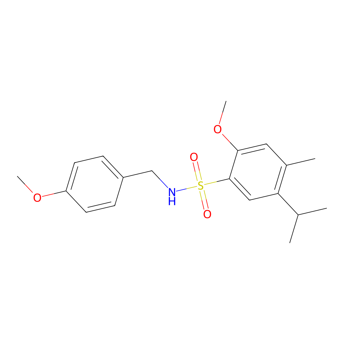 2-methoxy-N-[(4-methoxyphenyl)methyl]-4-methyl-5-(propan-2-yl)benzene-1-sulfonamide molecular structure, CAS 1428151-89-6