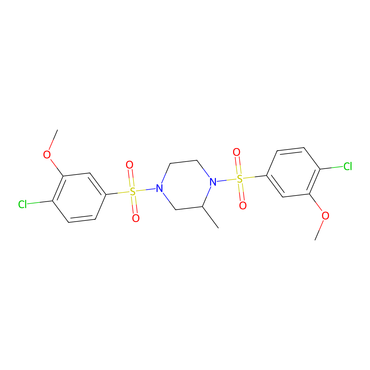 1,4-Bis(4-chloro-3-methoxybenzenesulfonyl)-2-methylpiperazine molecular structure, CAS 1428151-95-4