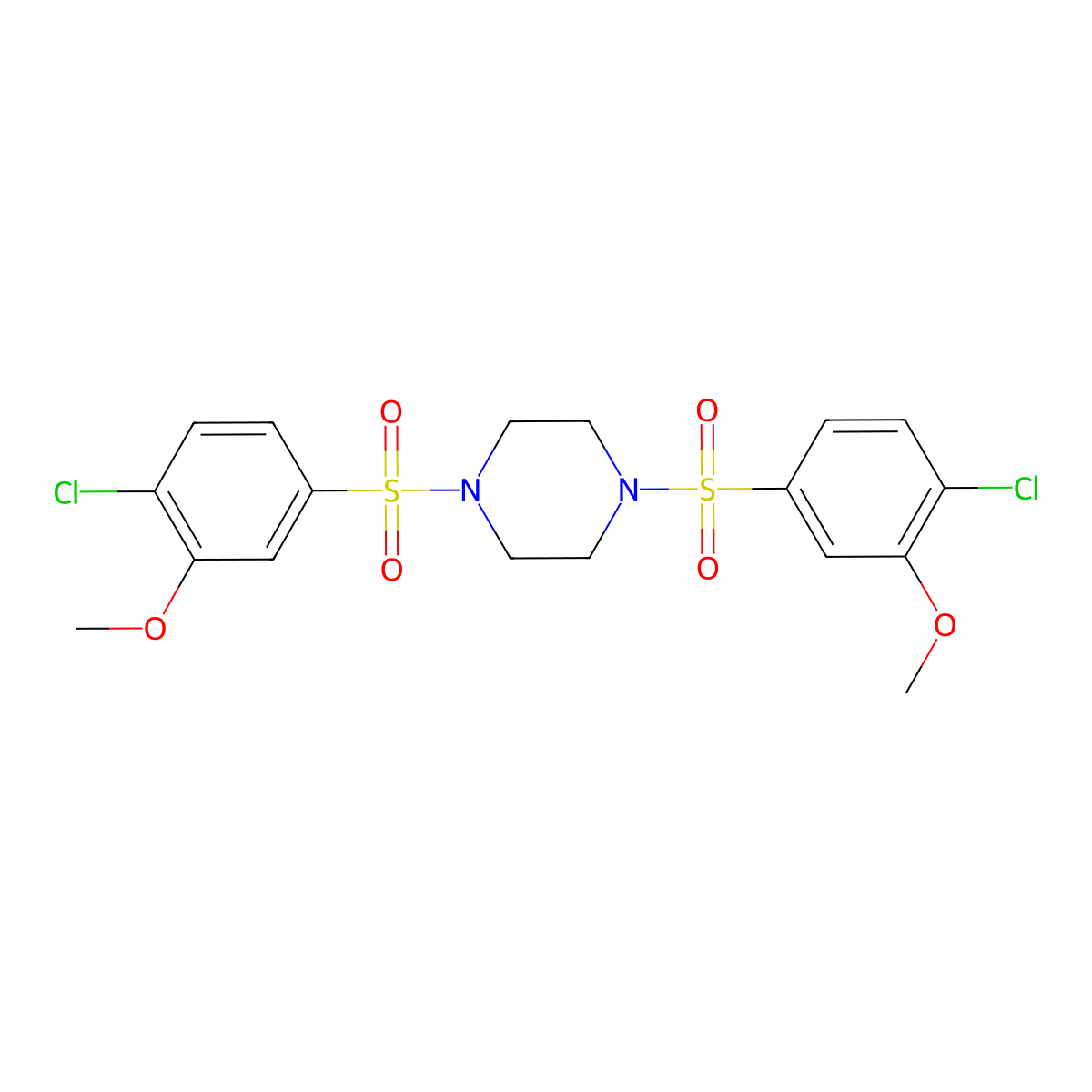 1,4-Bis(4-chloro-3-methoxybenzenesulfonyl)piperazine molecular structure, CAS 1428153-25-6