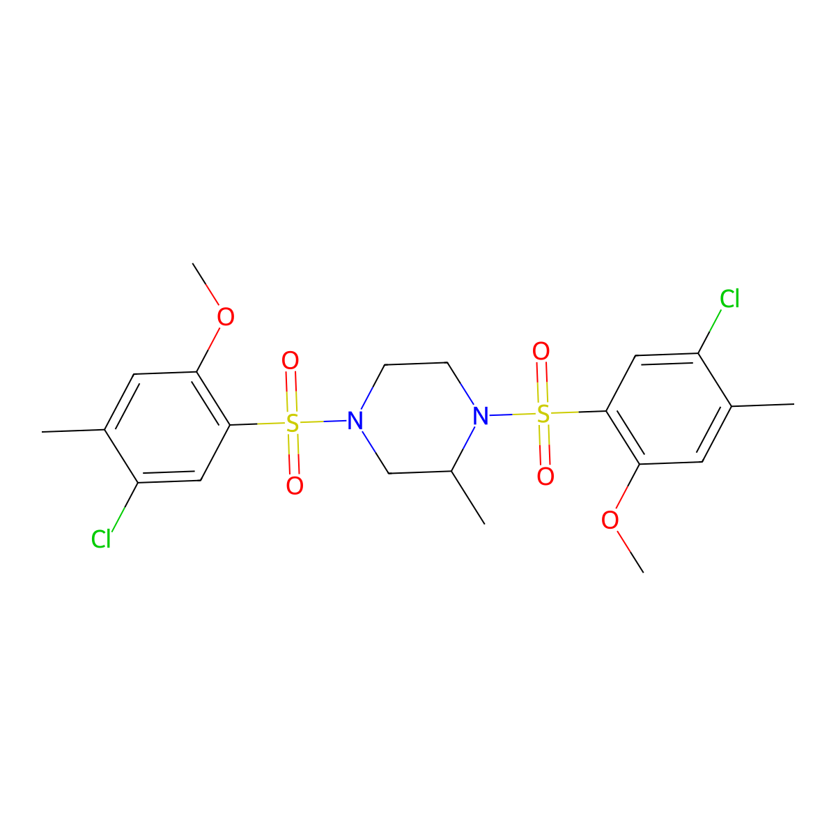 1,4-Bis(5-chloro-2-methoxy-4-methylbenzenesulfonyl)-2-methylpiperazine molecular structure, CAS 1428153-83-6