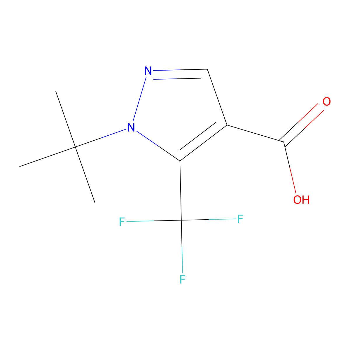 1-tert-Butyl-5-(trifluoromethyl)-1H-pyrazole-4-carboxylic acid molecular structure, CAS 142818-02-8