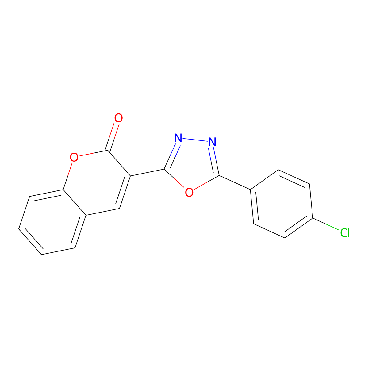 2H-1-Benzopyran-2-one, 3-[5-(4-chlorophenyl)-1,3,4-oxadiazol-2-yl]- molecular structure, CAS 142818-78-8
