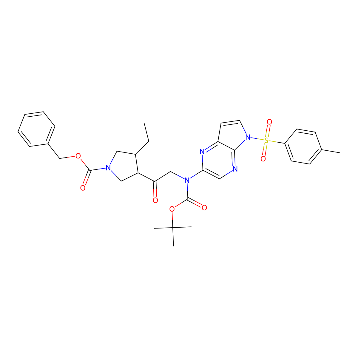 1-Pyrrolidinecarboxylic acid, 3-(2-(((1,1-dimethylethoxy)carbonyl)(5-((4-methylphenyl)sulfonyl)-5H-pyrrolo(2,3-b)pyrazin-2-yl)amino)acetyl)-4-ethyl-, phenylmethyl ester, (3R,4S)- molecular structure, CAS 1428243-27-9