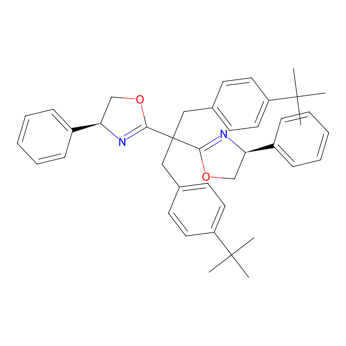 (4S,4'S)-2,2'-(1,3-Bis[4-(t-butyl)phenyl)propane-2,2-diyl]bis(4-phenyl-4,5-dihydrooxazole) , 1,3-Bis[4-(tert-butyl)phenyl]-2,2-Bis[(S)-4-phenyl-4,5-dihydro-2-oxazolyl]propane molecular structure, CAS 1428328-51-1