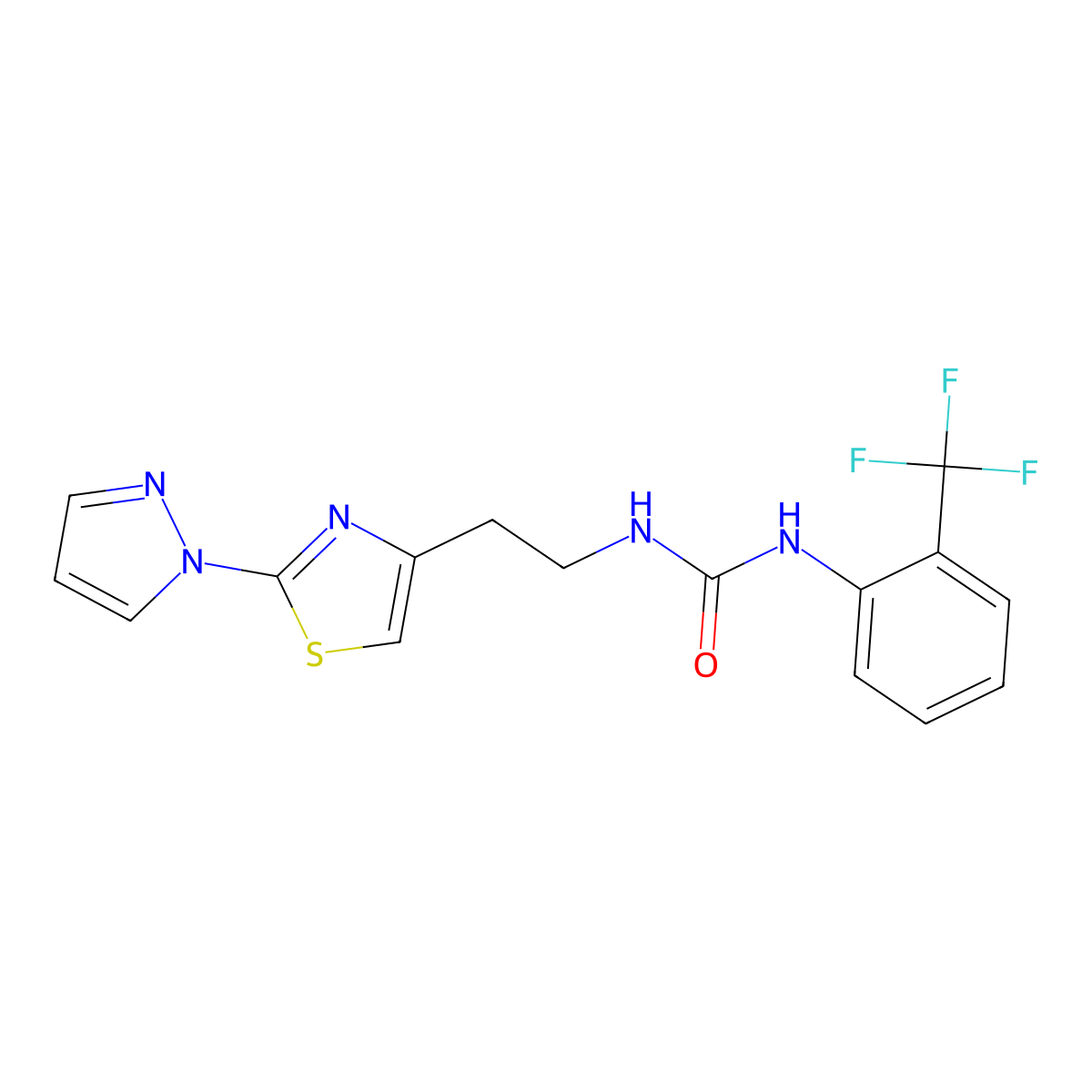 1-(2-(2-(1H-pyrazol-1-yl)thiazol-4-yl)ethyl)-3-(2-(trifluoromethyl)phenyl)urea molecular structure, CAS 1428347-54-9
