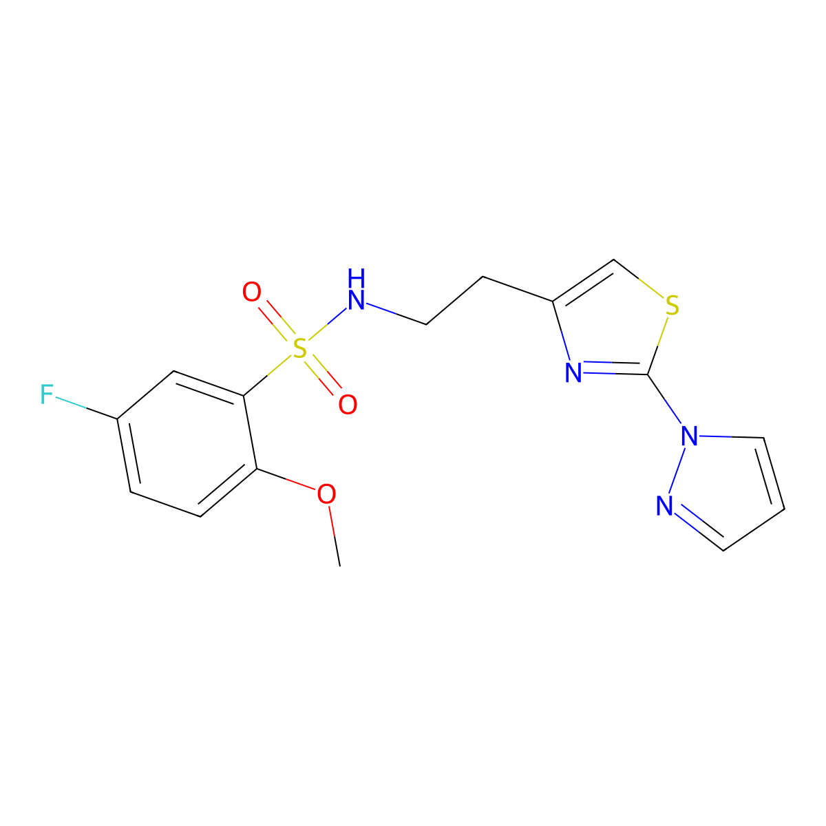 N-(2-(2-(1H-pyrazol-1-yl)thiazol-4-yl)ethyl)-5-fluoro-2-methoxybenzenesulfonamide molecular structure, CAS 1428347-59-4