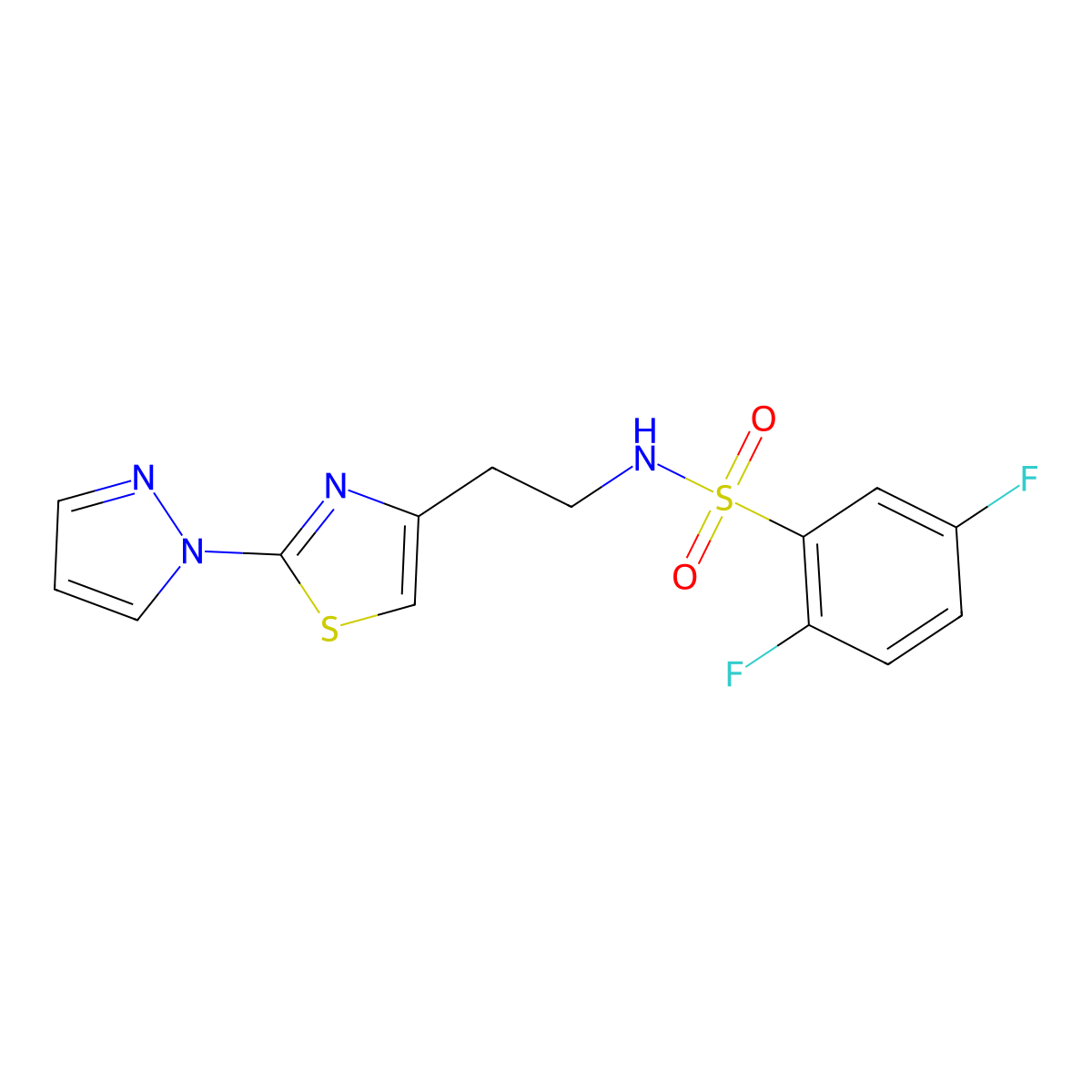 N-(2-(2-(1H-pyrazol-1-yl)thiazol-4-yl)ethyl)-2,5-difluorobenzenesulfonamide molecular structure, CAS 1428347-61-8