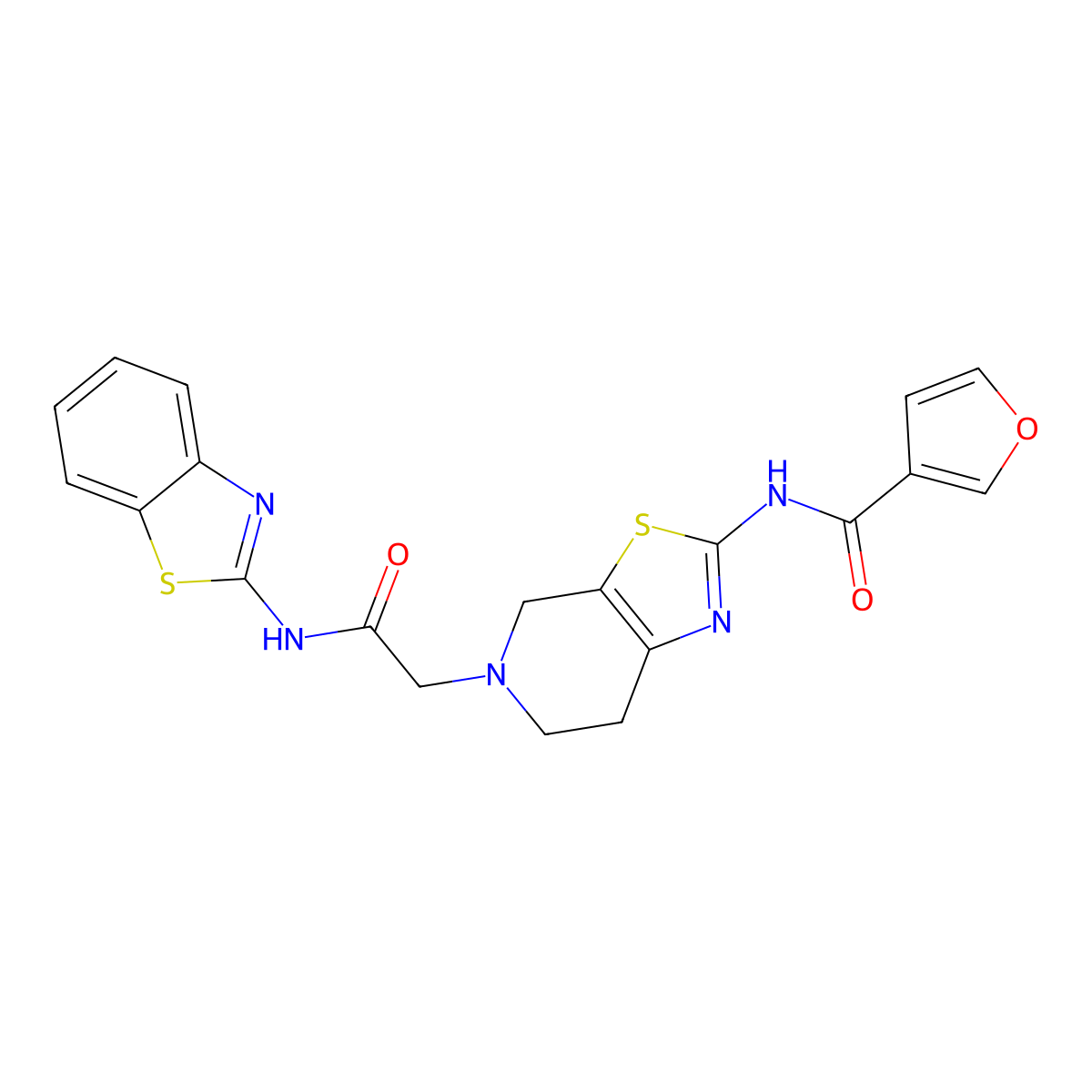N-(5-(2-(benzo[d]thiazol-2-ylamino)-2-oxoethyl)-4,5,6,7-tetrahydrothiazolo[5,4-c]pyridin-2-yl)furan-3-carboxamide molecular structure, CAS 1428347-73-2