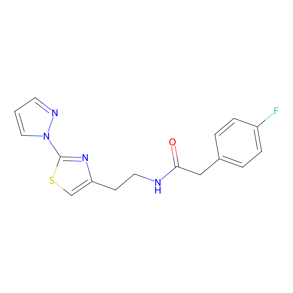 N-(2-(2-(1H-pyrazol-1-yl)thiazol-4-yl)ethyl)-2-(4-fluorophenyl)acetamide molecular structure, CAS 1428347-96-9