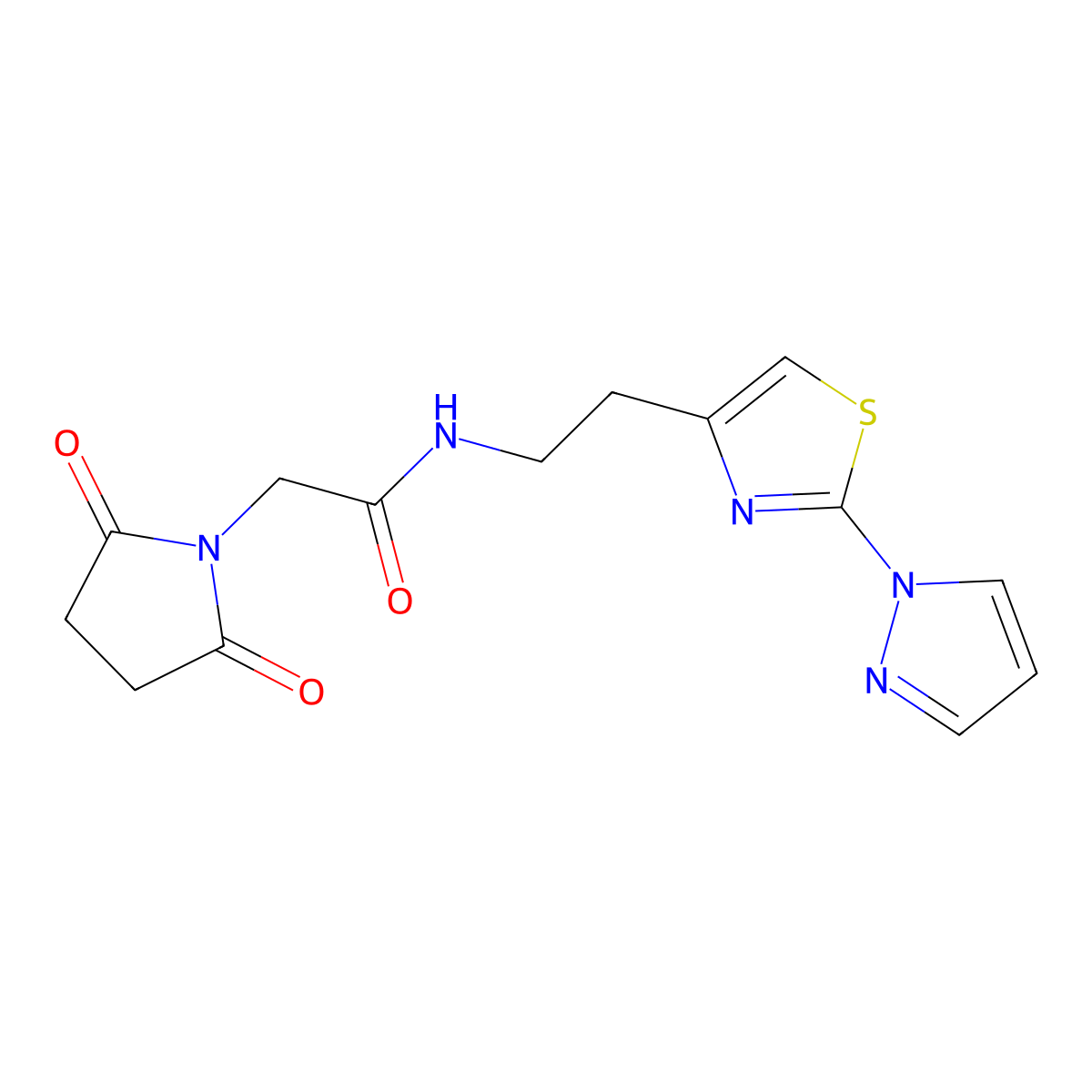 N-(2-(2-(1H-pyrazol-1-yl)thiazol-4-yl)ethyl)-2-(2,5-dioxopyrrolidin-1-yl)acetamide molecular structure, CAS 1428348-05-3