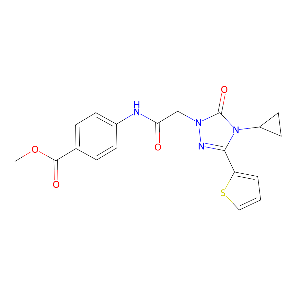 methyl 4-{2-[4-cyclopropyl-5-oxo-3-(thiophen-2-yl)-4,5-dihydro-1H-1,2,4-triazol-1-yl]acetamido}benzoate molecular structure, CAS 1428348-10-0