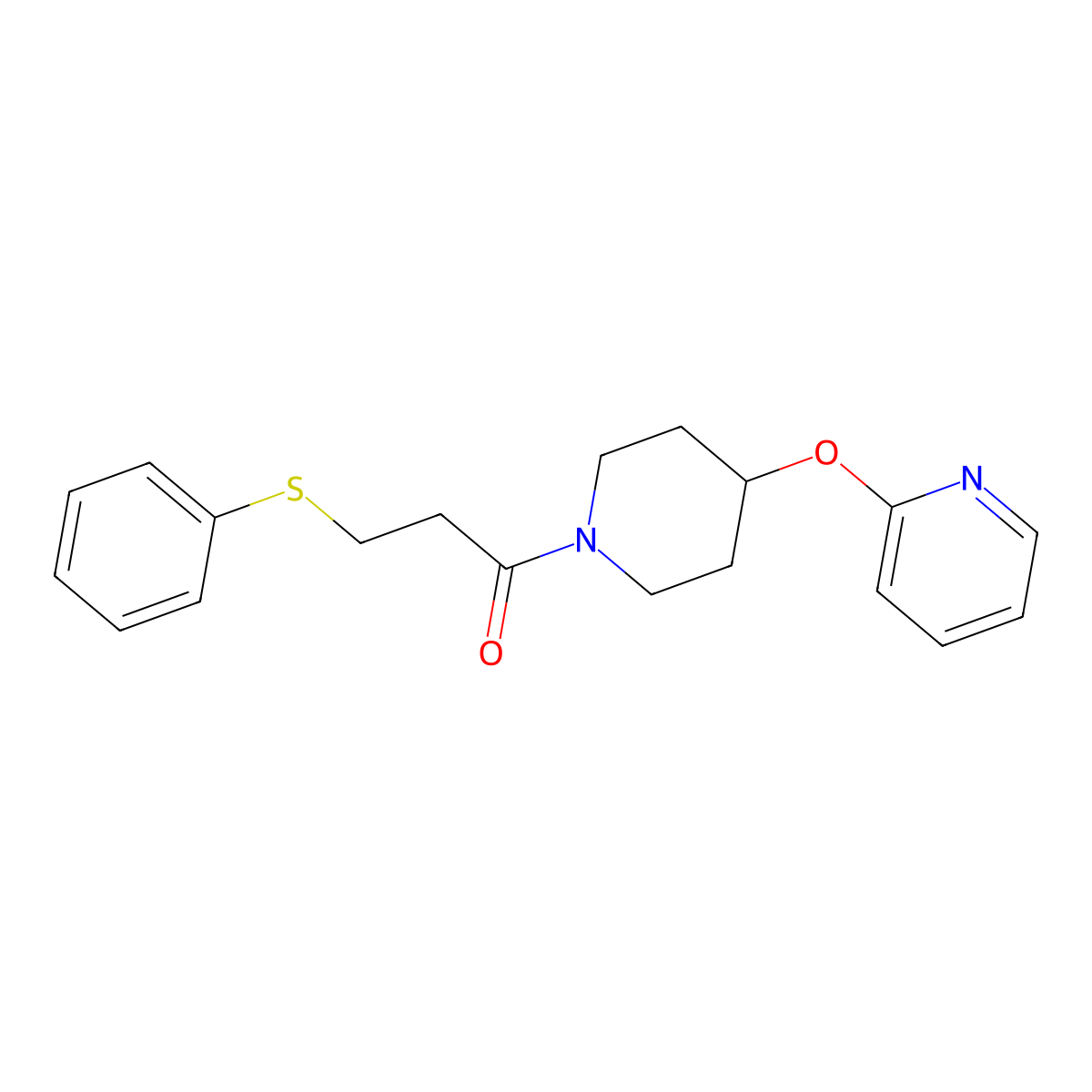 3-(Phenylthio)-1-(4-(pyridin-2-yloxy)piperidin-1-yl)propan-1-one molecular structure, CAS 1428348-19-9