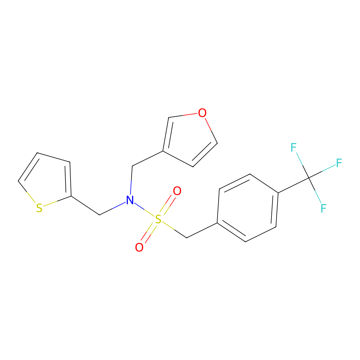 N-(furan-3-ylmethyl)-N-(thiophen-2-ylmethyl)-1-(4-(trifluoromethyl)phenyl)methanesulfonamide molecular structure, CAS 1428348-37-1