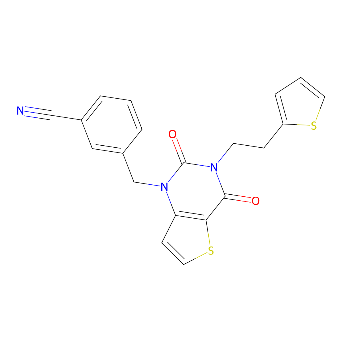 3-((2,4-dioxo-3-(2-(thiophen-2-yl)ethyl)-3,4-dihydrothieno[3,2-d]pyrimidin-1(2H)-yl)methyl)benzonitrile molecular structure, CAS 1428348-46-2