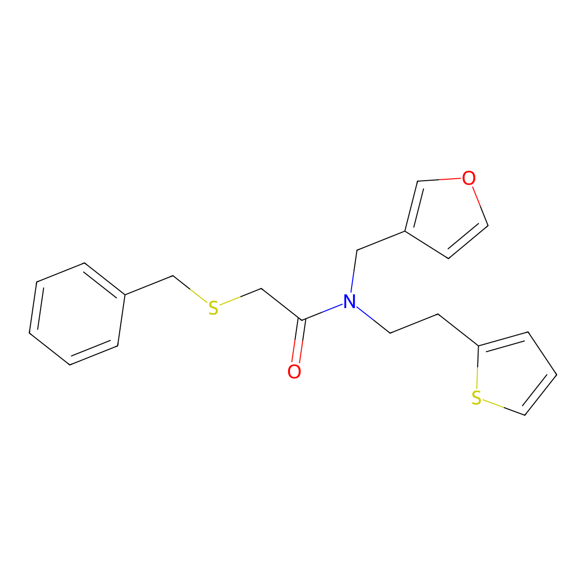 2-(benzylthio)-N-(furan-3-ylmethyl)-N-(2-(thiophen-2-yl)ethyl)acetamide molecular structure, CAS 1428348-50-8