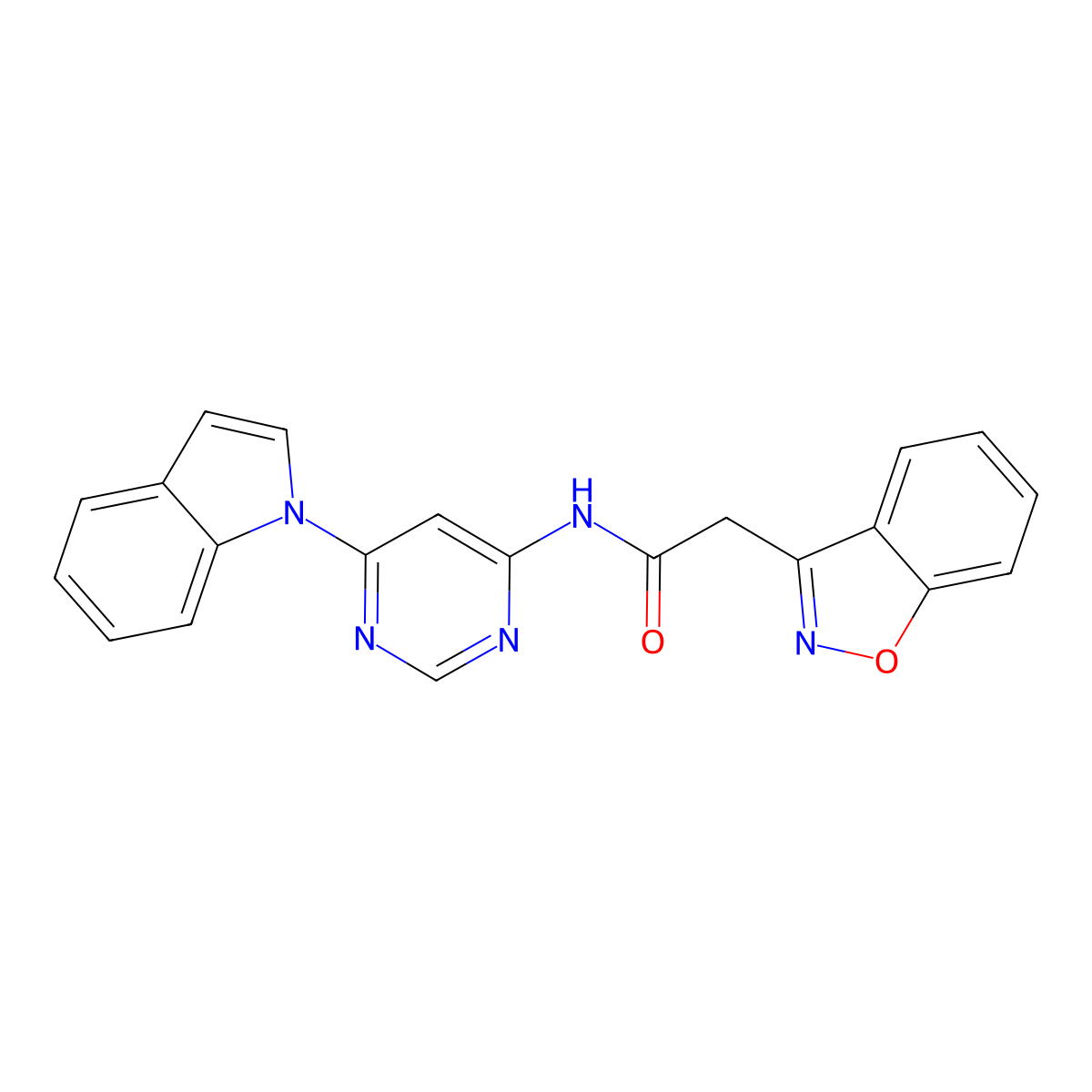N-(6-(1H-indol-1-yl)pyrimidin-4-yl)-2-(benzo[d]isoxazol-3-yl)acetamide molecular structure, CAS 1428348-51-9