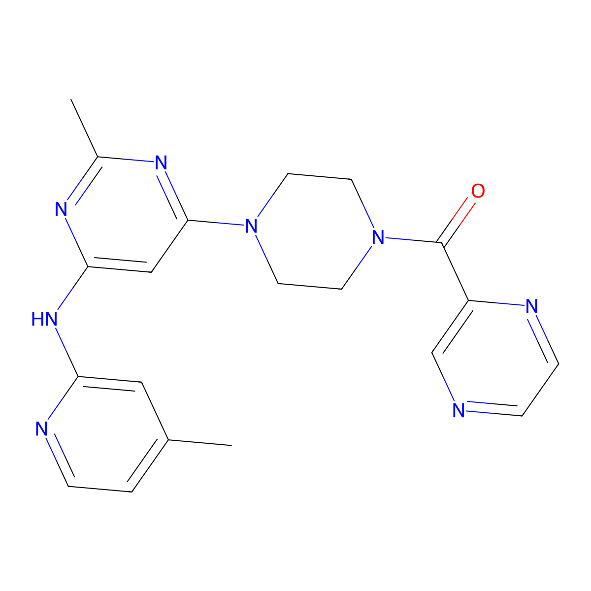 (4-(2-Methyl-6-((4-methylpyridin-2-yl)amino)pyrimidin-4-yl)piperazin-1-yl)(pyrazin-2-yl)methanone molecular structure, CAS 1428348-55-3