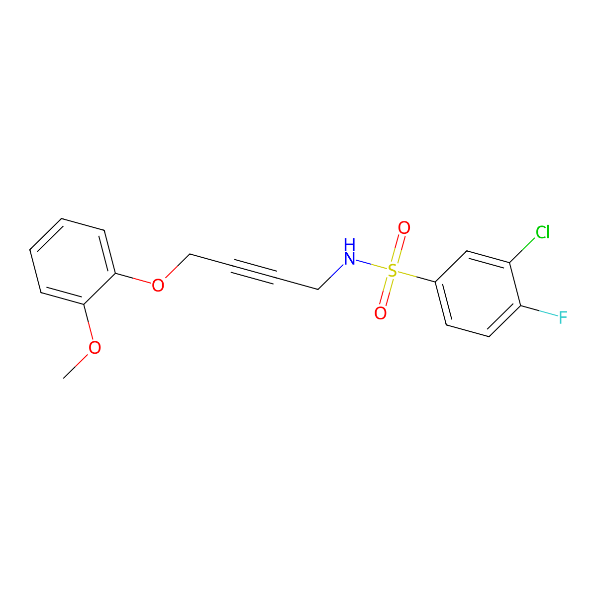 3-chloro-4-fluoro-N-(4-(2-methoxyphenoxy)but-2-yn-1-yl)benzenesulfonamide molecular structure, CAS 1428348-56-4