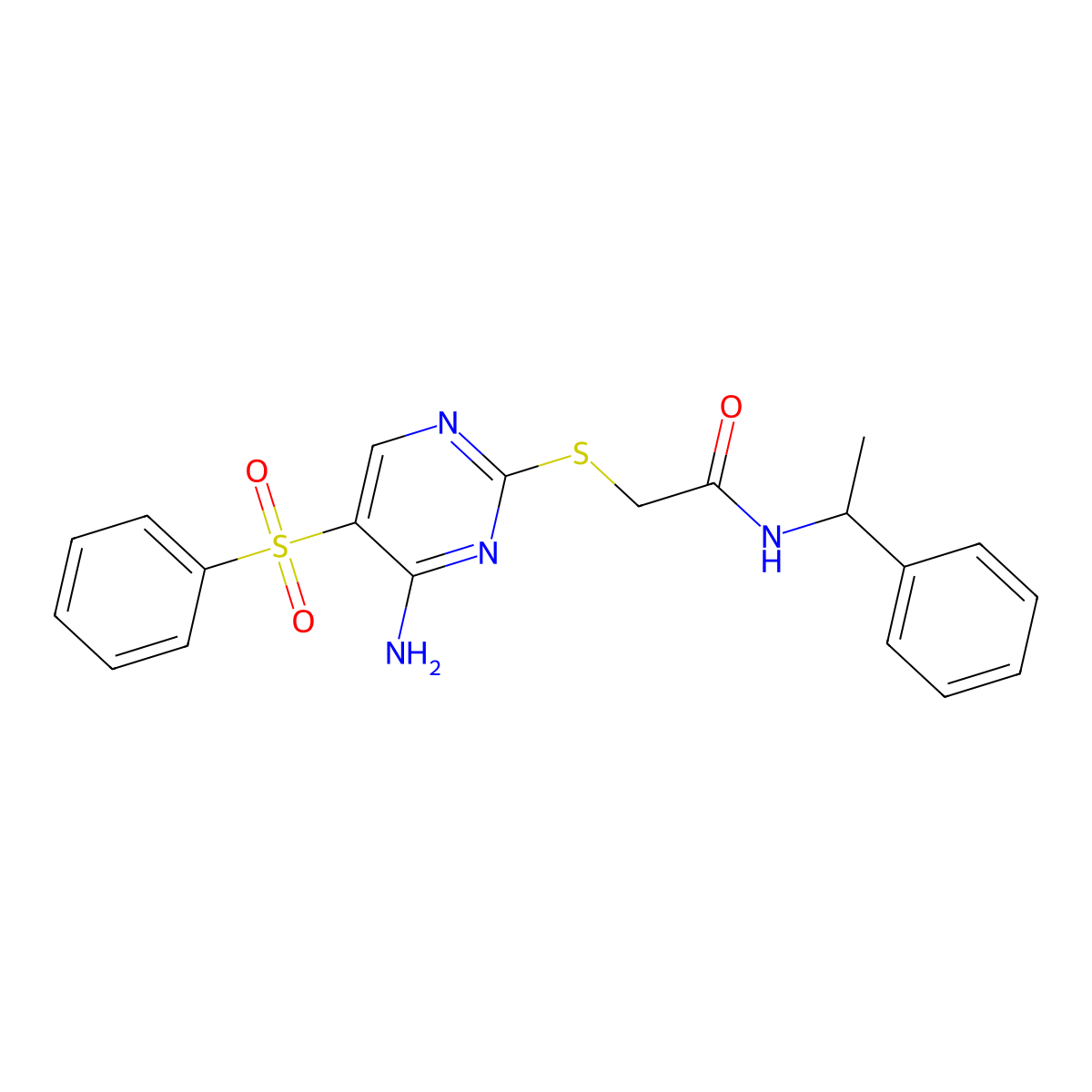 2-((4-amino-5-(phenylsulfonyl)pyrimidin-2-yl)thio)-N-(1-phenylethyl)acetamide molecular structure, CAS 1428348-59-7