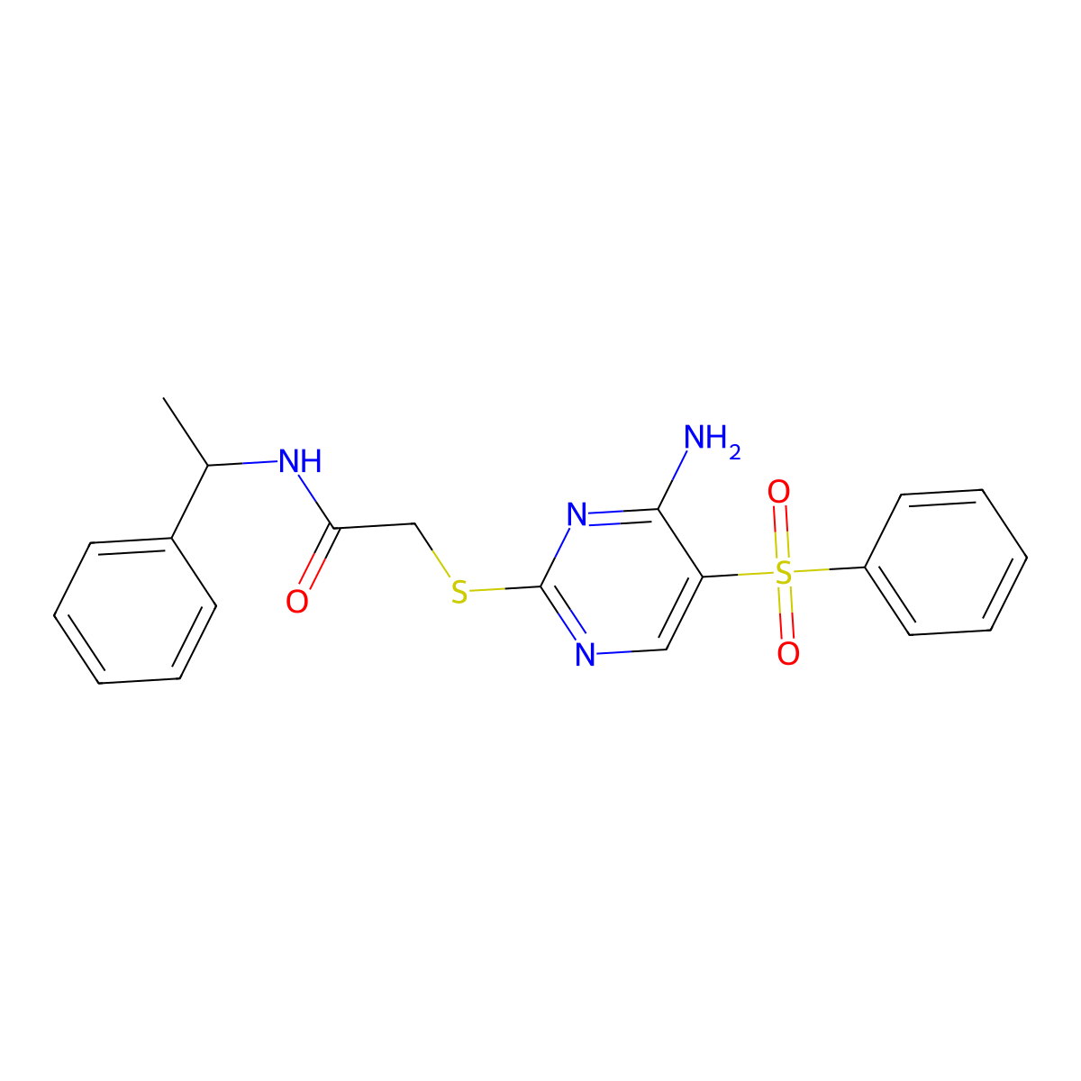 2-((4-amino-5-(phenylsulfonyl)pyrimidin-2-yl)thio)-N-(1-phenylethyl)acetamide molecular structure, CAS 1428348-59-7