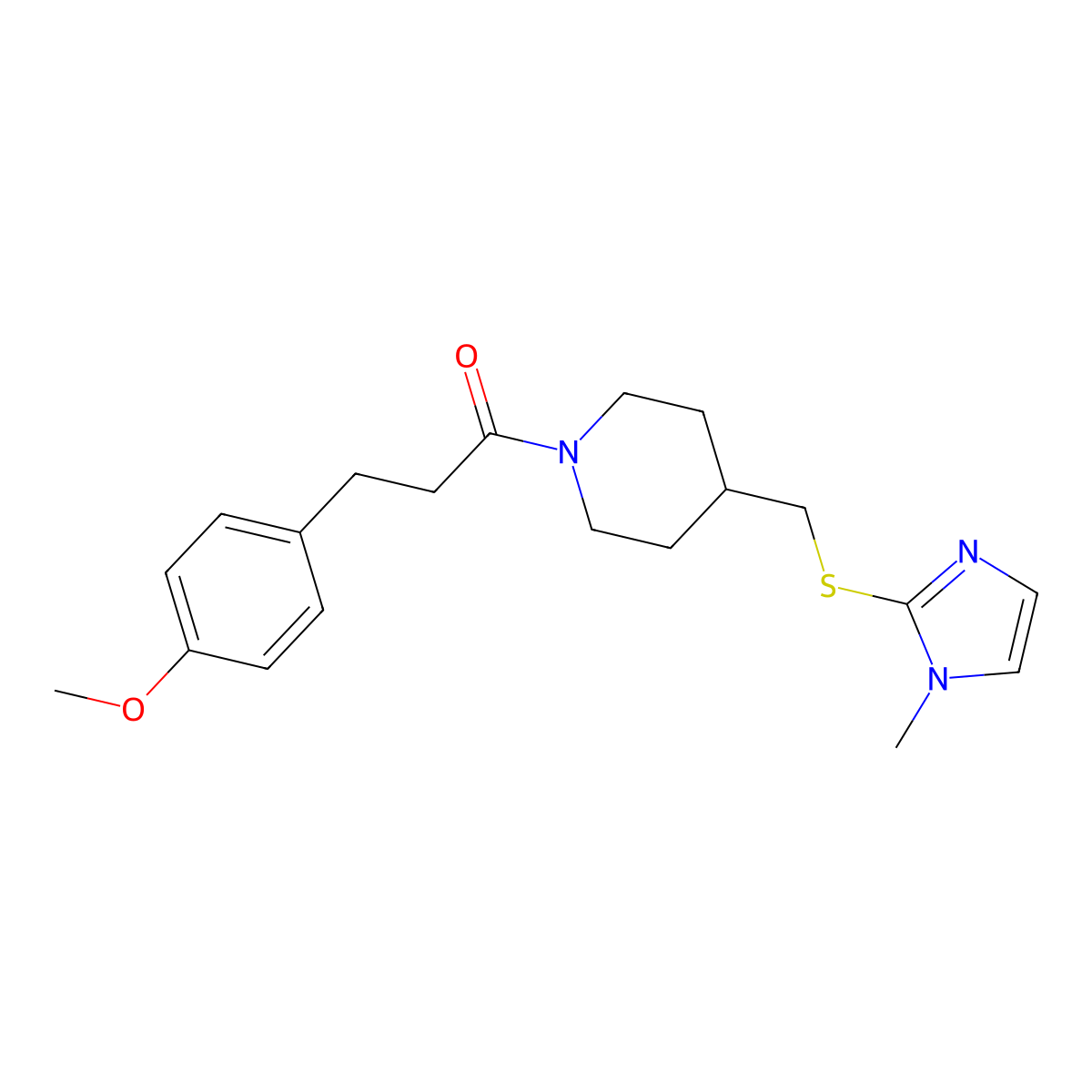 3-(4-methoxyphenyl)-1-(4-(((1-methyl-1H-imidazol-2-yl)thio)methyl)piperidin-1-yl)propan-1-one molecular structure, CAS 1428348-66-6