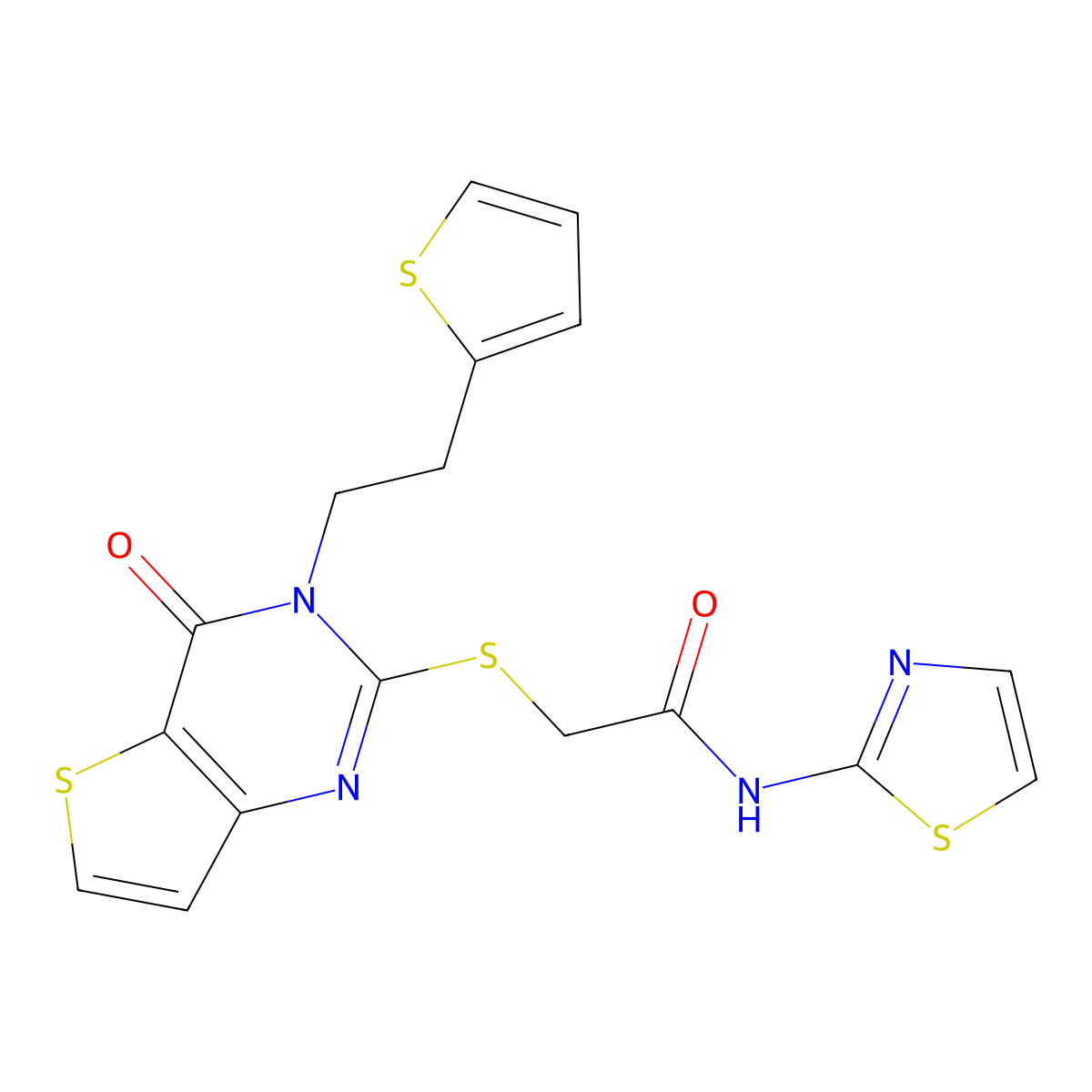 2-((4-oxo-3-(2-(thiophen-2-yl)ethyl)-3,4-dihydrothieno[3,2-d]pyrimidin-2-yl)thio)-N-(thiazol-2-yl)acetamide molecular structure, CAS 1428348-69-9
