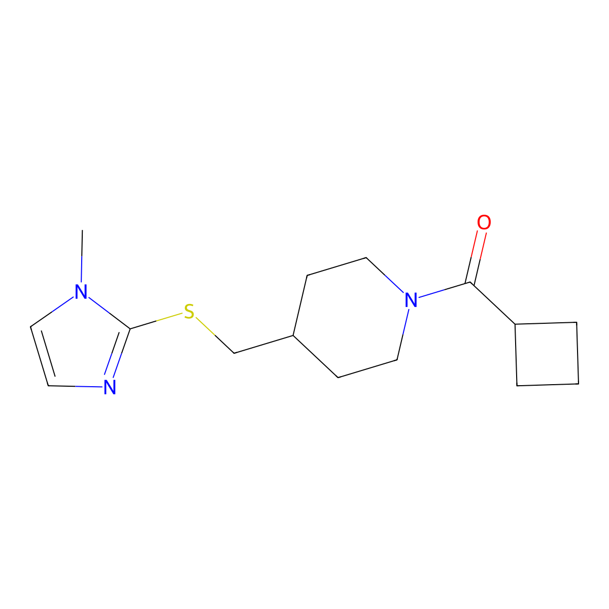 cyclobutyl(4-(((1-methyl-1H-imidazol-2-yl)thio)methyl)piperidin-1-yl)methanone molecular structure, CAS 1428348-78-0