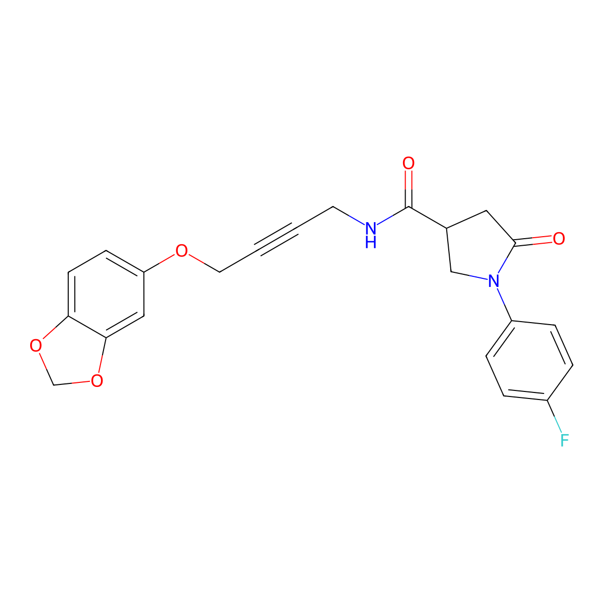 N-(4-(benzo[d][1,3]dioxol-5-yloxy)but-2-yn-1-yl)-1-(4-fluorophenyl)-5-oxopyrrolidine-3-carboxamide molecular structure, CAS 1428348-83-7