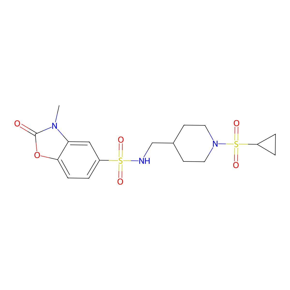N-((1-(cyclopropylsulfonyl)piperidin-4-yl)methyl)-3-methyl-2-oxo-2,3-dihydrobenzo[d]oxazole-5-sulfonamide molecular structure, CAS 1428348-85-9