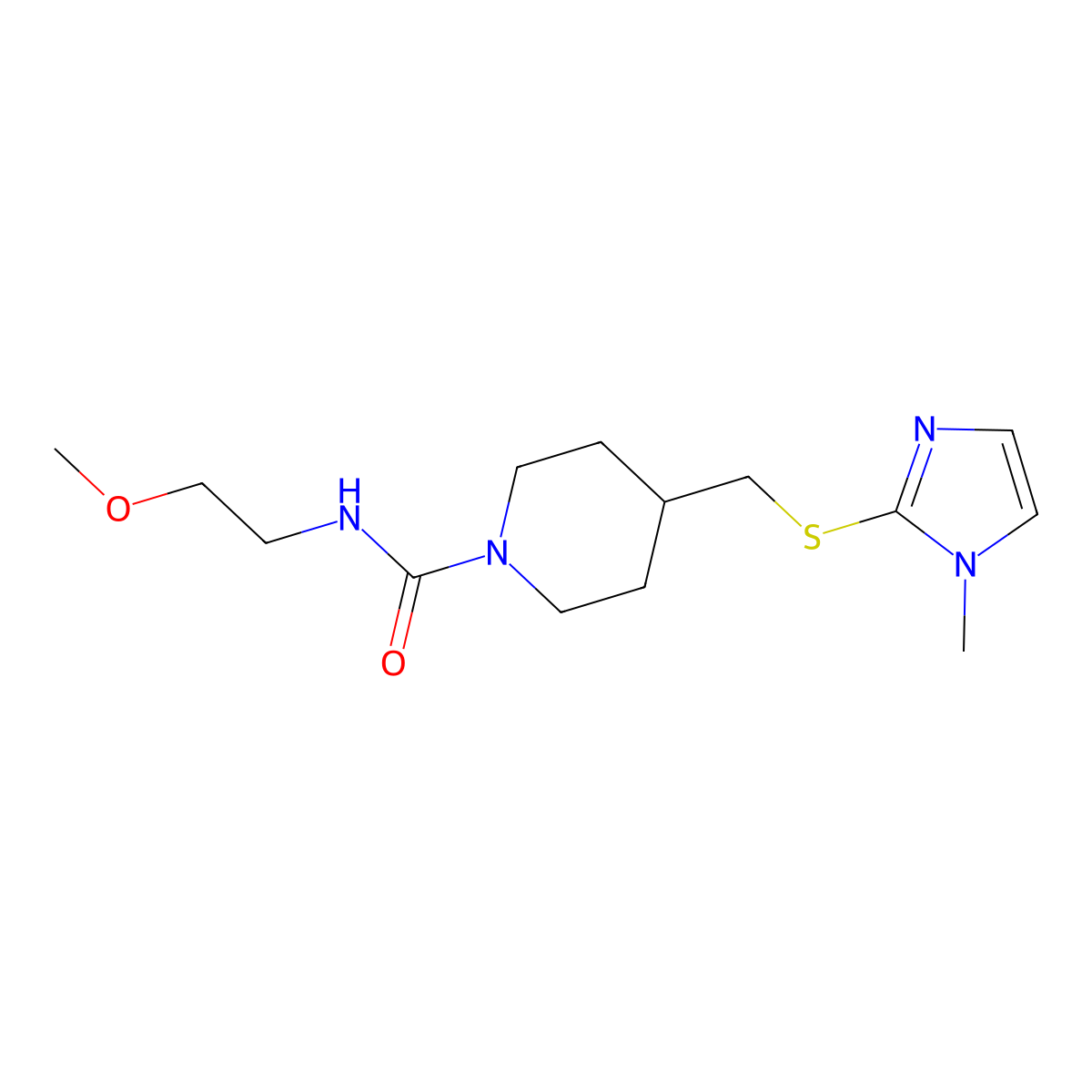 N-(2-methoxyethyl)-4-(((1-methyl-1H-imidazol-2-yl)thio)methyl)piperidine-1-carboxamide molecular structure, CAS 1428348-86-0