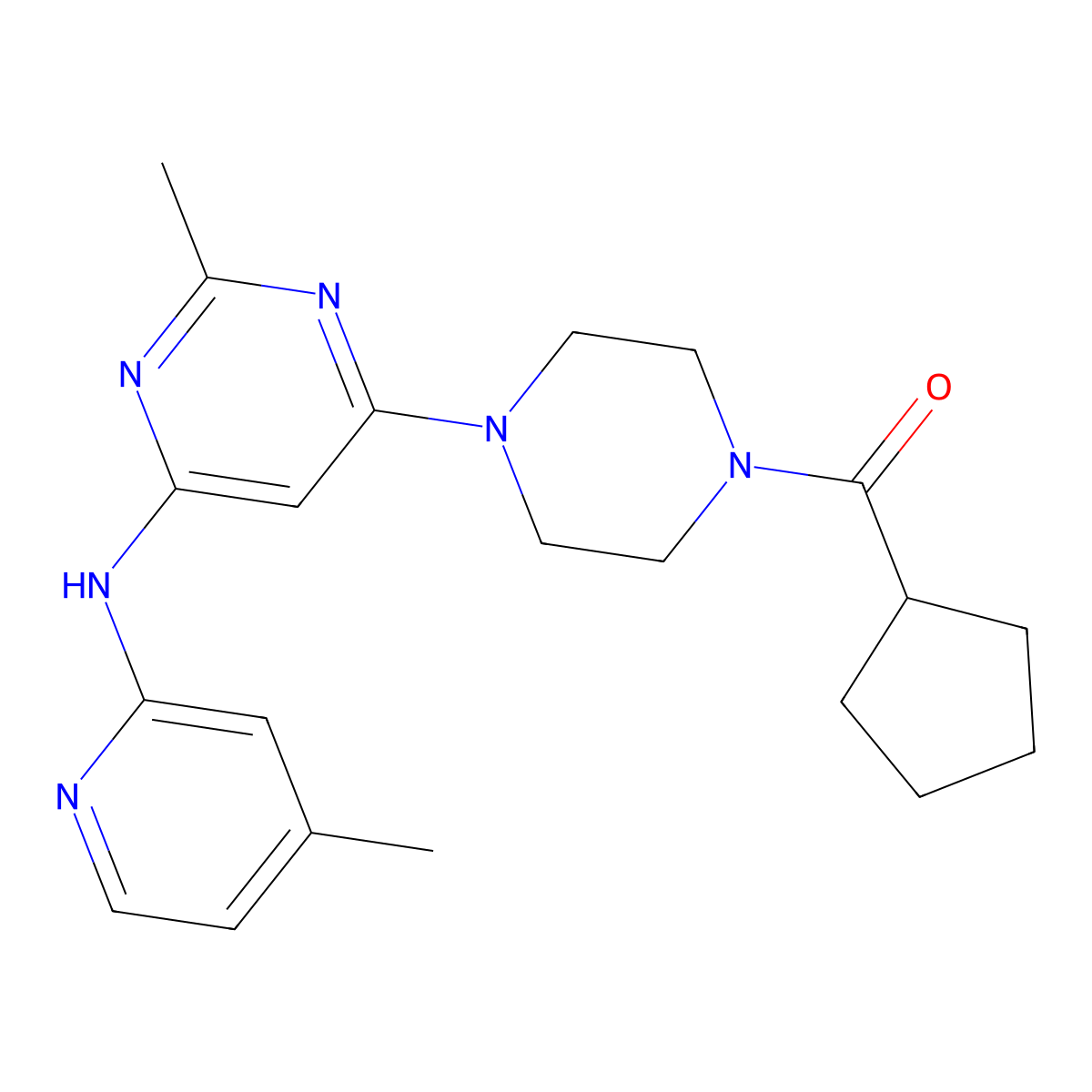 Cyclopentyl(4-(2-methyl-6-((4-methylpyridin-2-yl)amino)pyrimidin-4-yl)piperazin-1-yl)methanone molecular structure, CAS 1428349-18-1