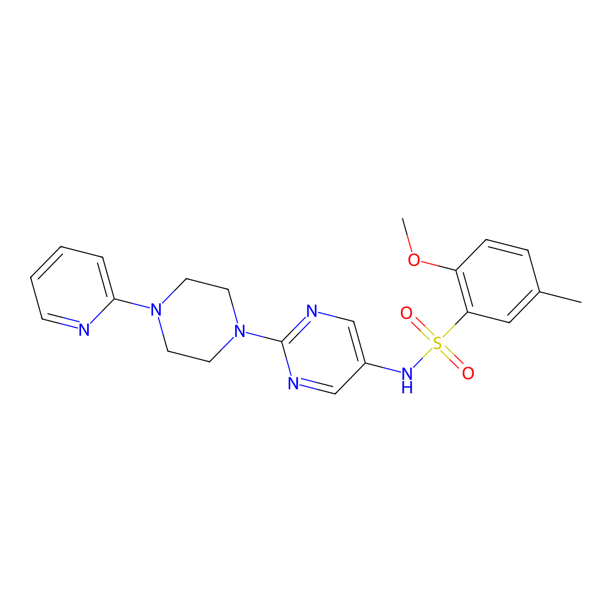 2-methoxy-5-methyl-N-(2-(4-(pyridin-2-yl)piperazin-1-yl)pyrimidin-5-yl)benzenesulfonamide molecular structure, CAS 1428349-24-9