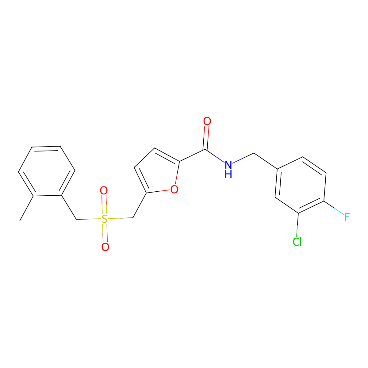 N-(3-chloro-4-fluorobenzyl)-5-(((2-methylbenzyl)sulfonyl)methyl)furan-2-carboxamide molecular structure, CAS 1428349-48-7